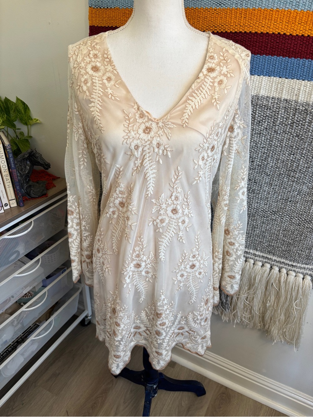 Lavender Brown Embroidered Floral V-Neck Dress in Beige and Cream